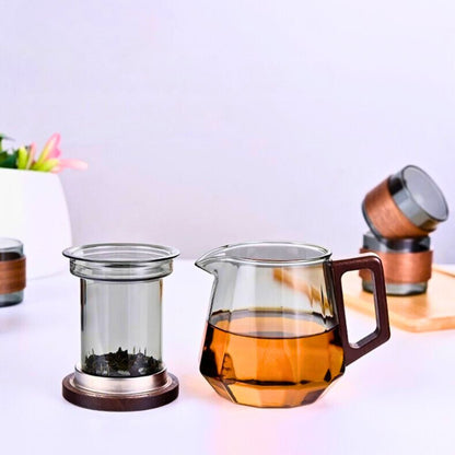 Glass Tea Set – 500ml Smoky Grey Teapot with Walnut Handle & Lid + 4pcs 130ml Cups, Heat-Resistant Tea Pot and Cup Set for Home & Office