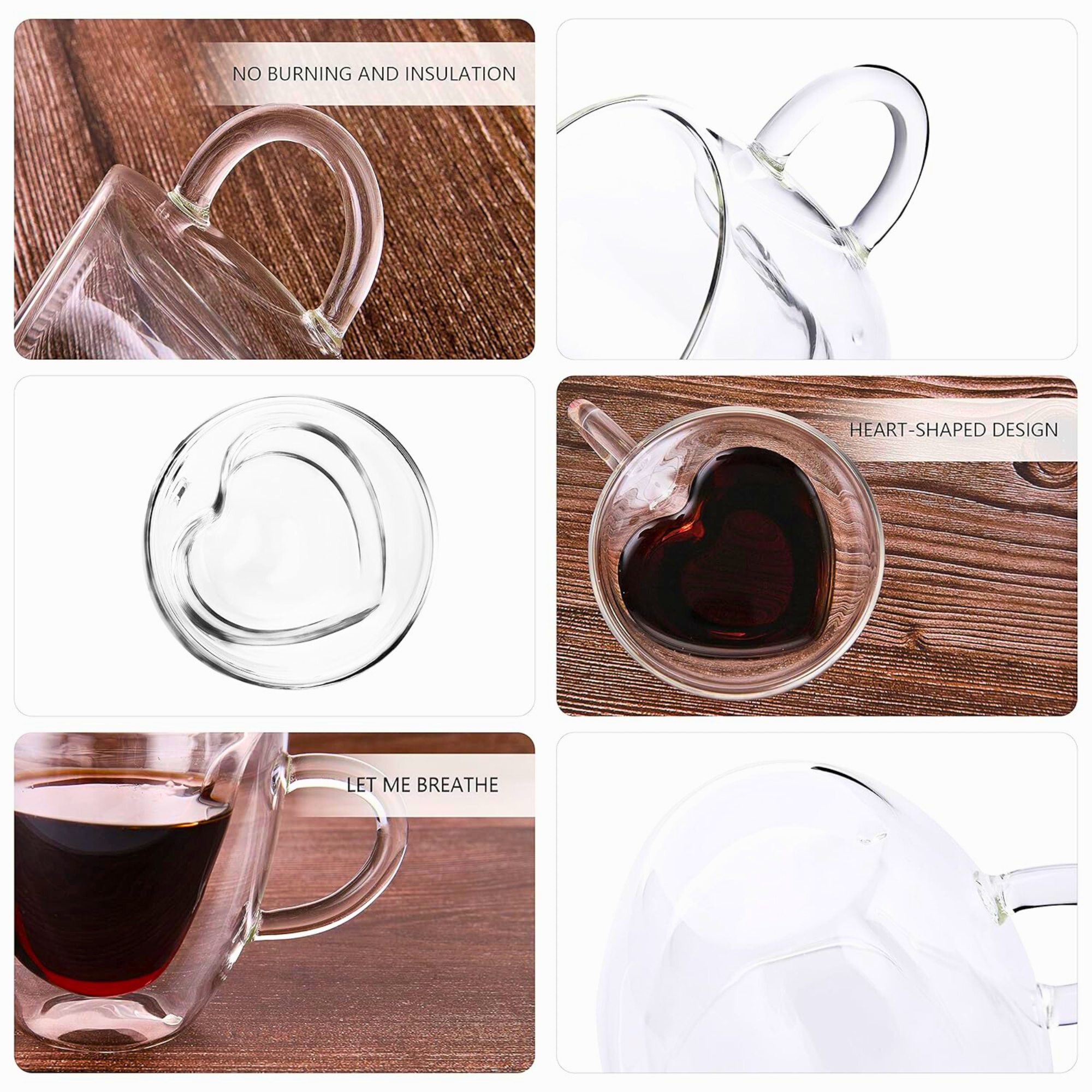 1CHASE Heart Shaped Double Wall Glass Coffee Mug With Handle, 250ML – Borosilicate Cup for Tea, Coffee, Espresso – Romantic Valentine's Day Gift for Couples, Him & Her (Set of 2)