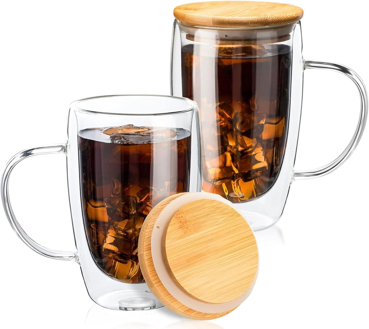 1CHASE Double Walled Glass Coffee Cups with Handle and with Bamboo Lid 450ml, Insulated Coffee Mugs Perfect for Cappuccino, Macchiato, Latte, Tea, Juice, Iced & Hot Pack Of 2 (450ML)