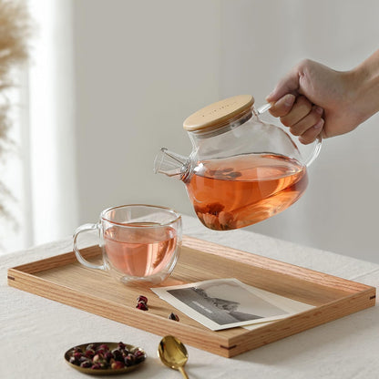 1CHASE Borosilicate Glass Teapot with Bamboo Lid and Removable Infuser 1000ML, Double Wall Glass Coffee Cups Handle 250 ML (2 Pcs) Perfect for Loose Leaf and Blooming Tea