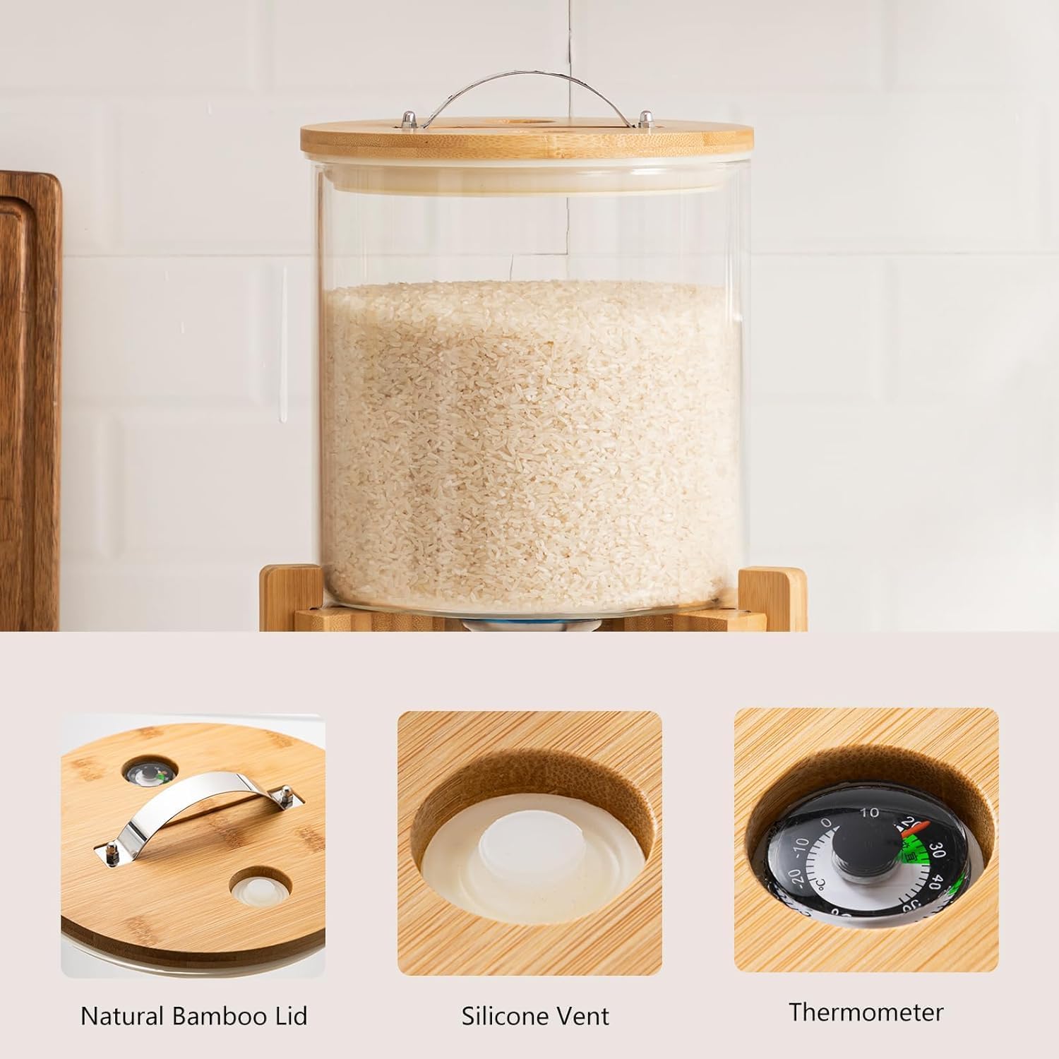 Borosilicate Glass Rice Dispenser with Wooden Stand – 5L