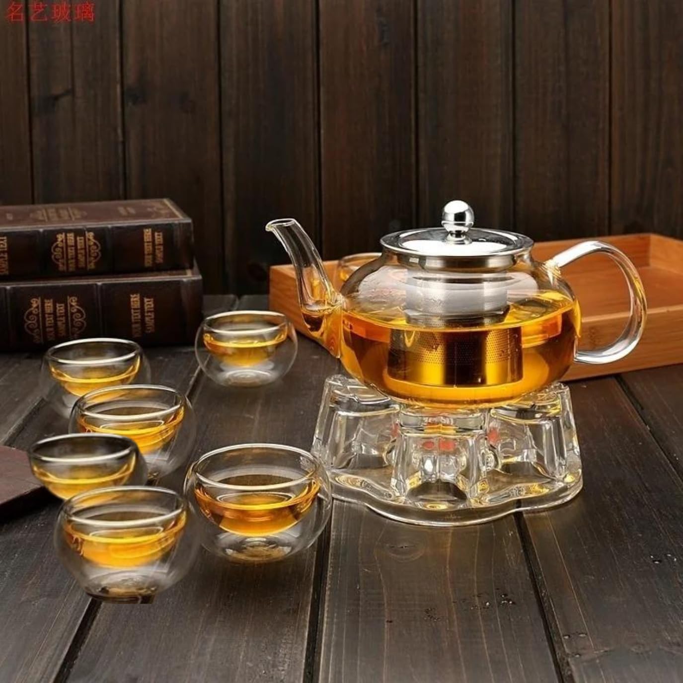 1CHASE Borosilicate Glass Teapot 1500 ML with Heart Shape Tea Warmer and Double Wall Glass 80 ML (6 Pcs) Set for Blooming Tea, Flower Tea, Loose Leaf Tea, Espresso, Tea, coffee