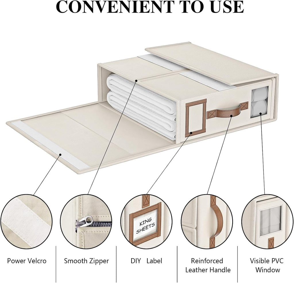 Bed Sheet Organizers 4-Pack Foldable Linen Closet Organizer with Clear Window – Beige