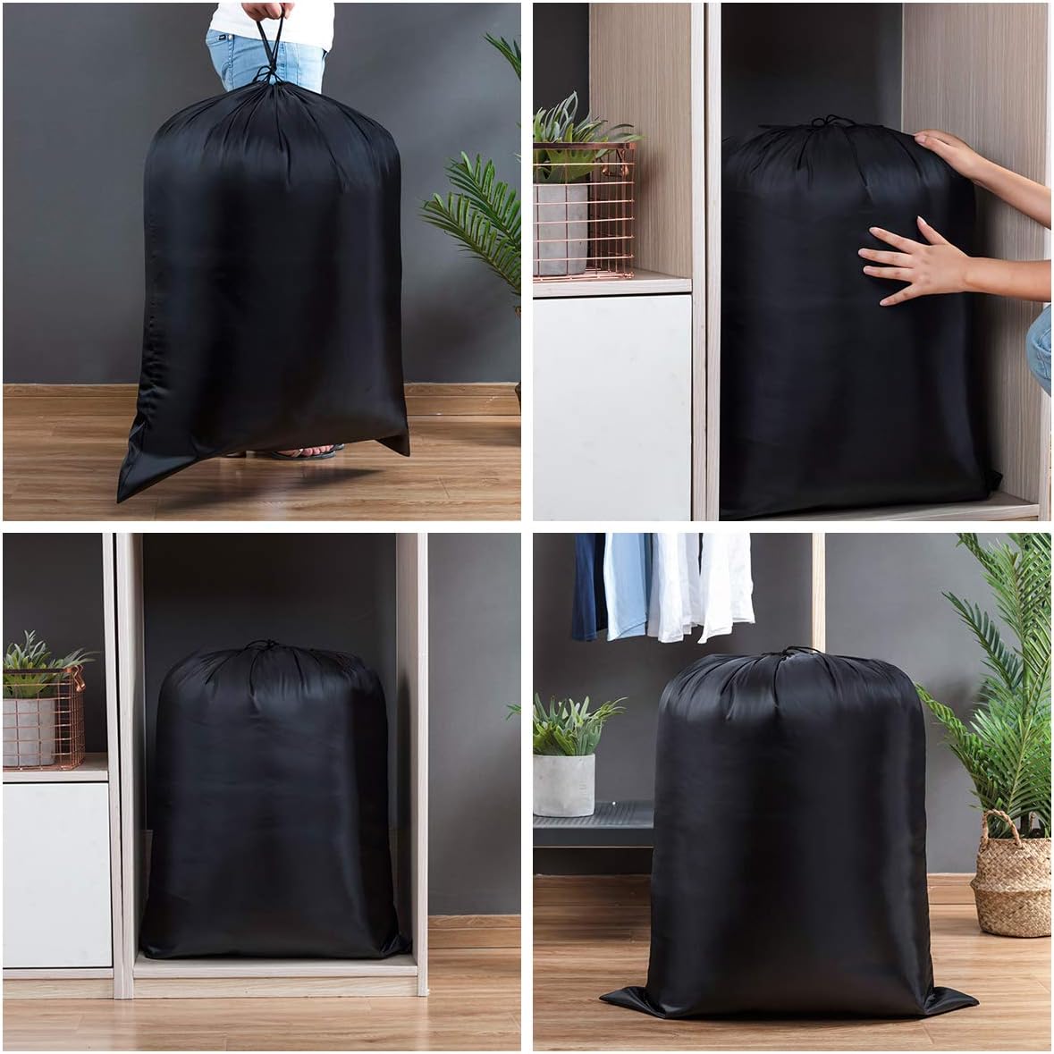 1CHASE Super XXL Heavy Duty Oxford Dirty Clothes Travel Drawstring Bags Storage Sack, 55x43"Nylon Easy fit Laundry Hamper and Basket 110 X 140 CM (Machine Washable, Black) Pack of 2