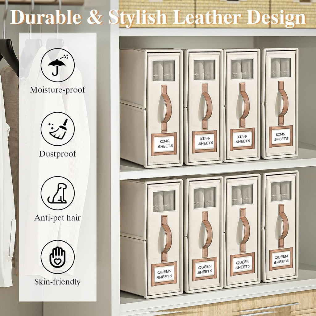 Bed Sheet Organizers 4-Pack Foldable Linen Closet Organizer with Clear Window – Beige