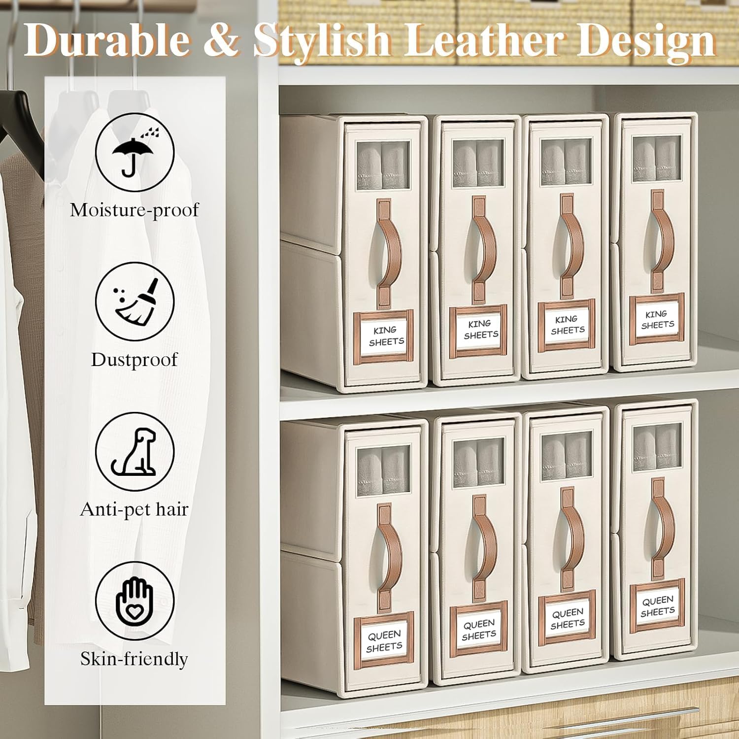 Bed Sheet Organizers 4-Pack Foldable Linen Closet Organizer with Clear Window – Beige
