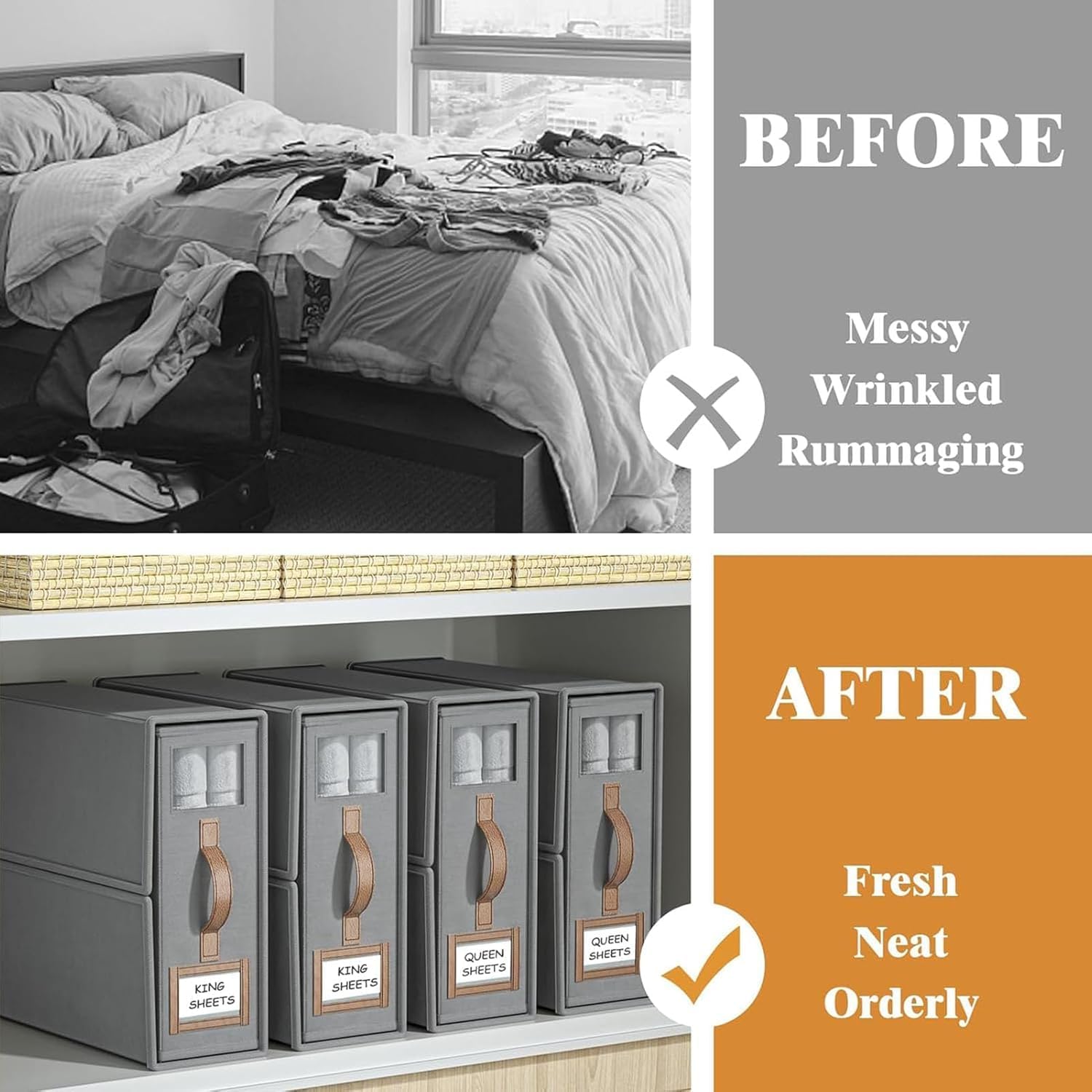 Bed Sheet Organizers 4-Pack Foldable Linen Closet Organizer with Clear Window – Grey