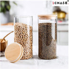 1CHASE® Borosilicate Glass Food Storage Jars, Air Tight Kitchen Food Storage Container Set with Natural Bamboo Lids / 3 pcs Spoon for Candy Cookie Rice Sugar Flour Pasta Nuts,1200 ML 3Pcs Set (3)