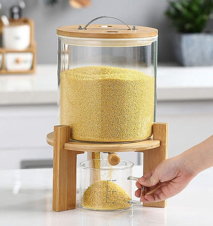 1CHASE Borosilicate Glass Rice Dispenser with Wooden Stand - 5L/8L Flour and Cereal Container with Airtight Bamboo Lid, Glass Measuring Cup, and Multipurpose Storage for Kitchen(5L)