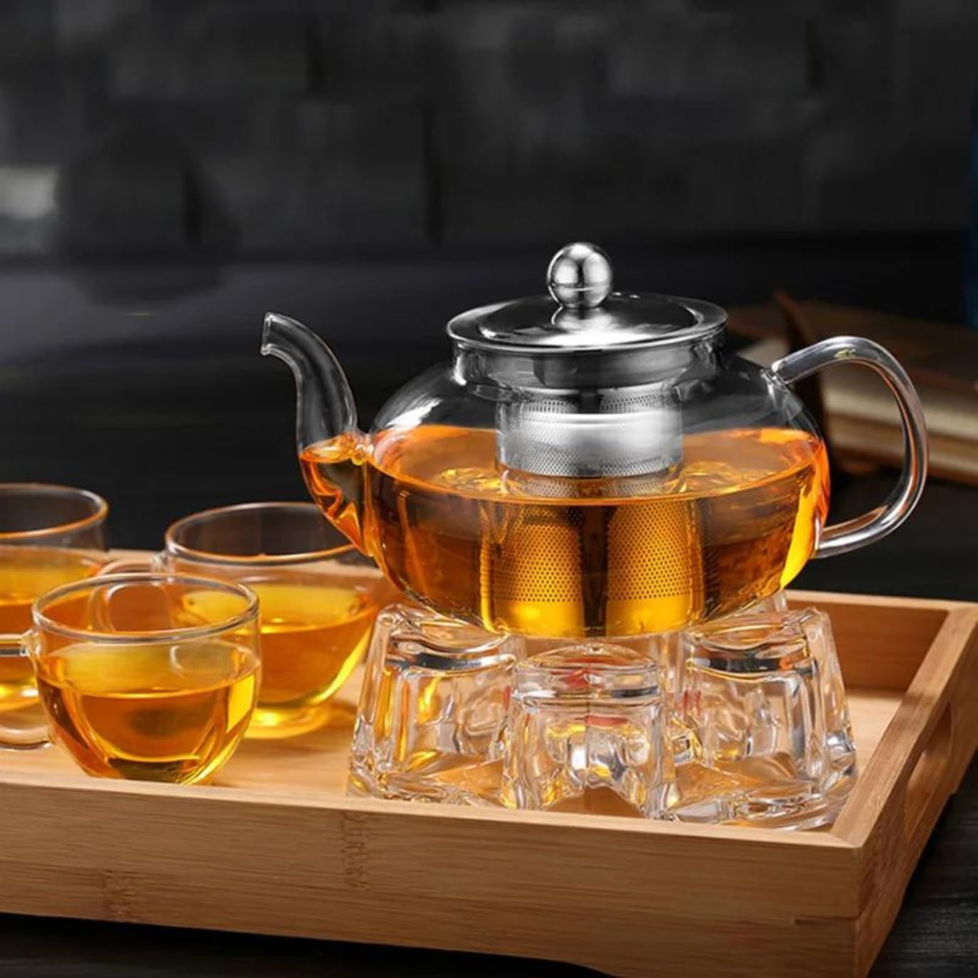 1CHASE Borosilicate Glass Teapot 1500 ML with Heart Shape Tea Warmer and Double Wall Glass 80 ML (6 Pcs) Set for Blooming Tea, Flower Tea, Loose Leaf Tea, Espresso, Tea, coffee