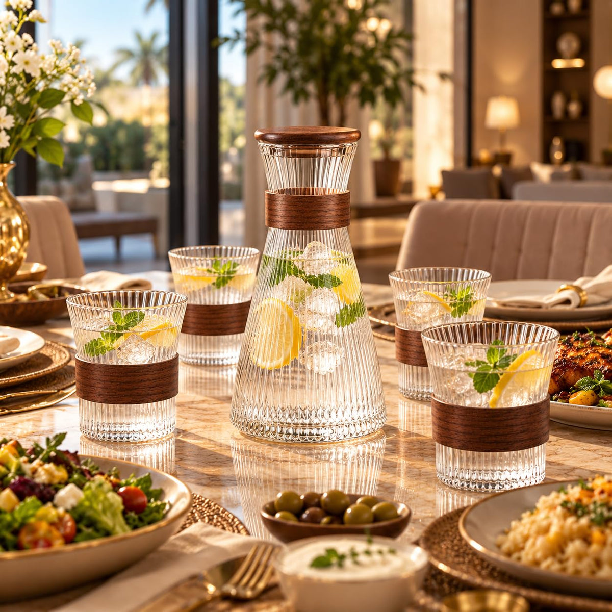 Water and Drinks Carafe 1500ml with 4 Glasses 350ml , Ribbed Drinking Set