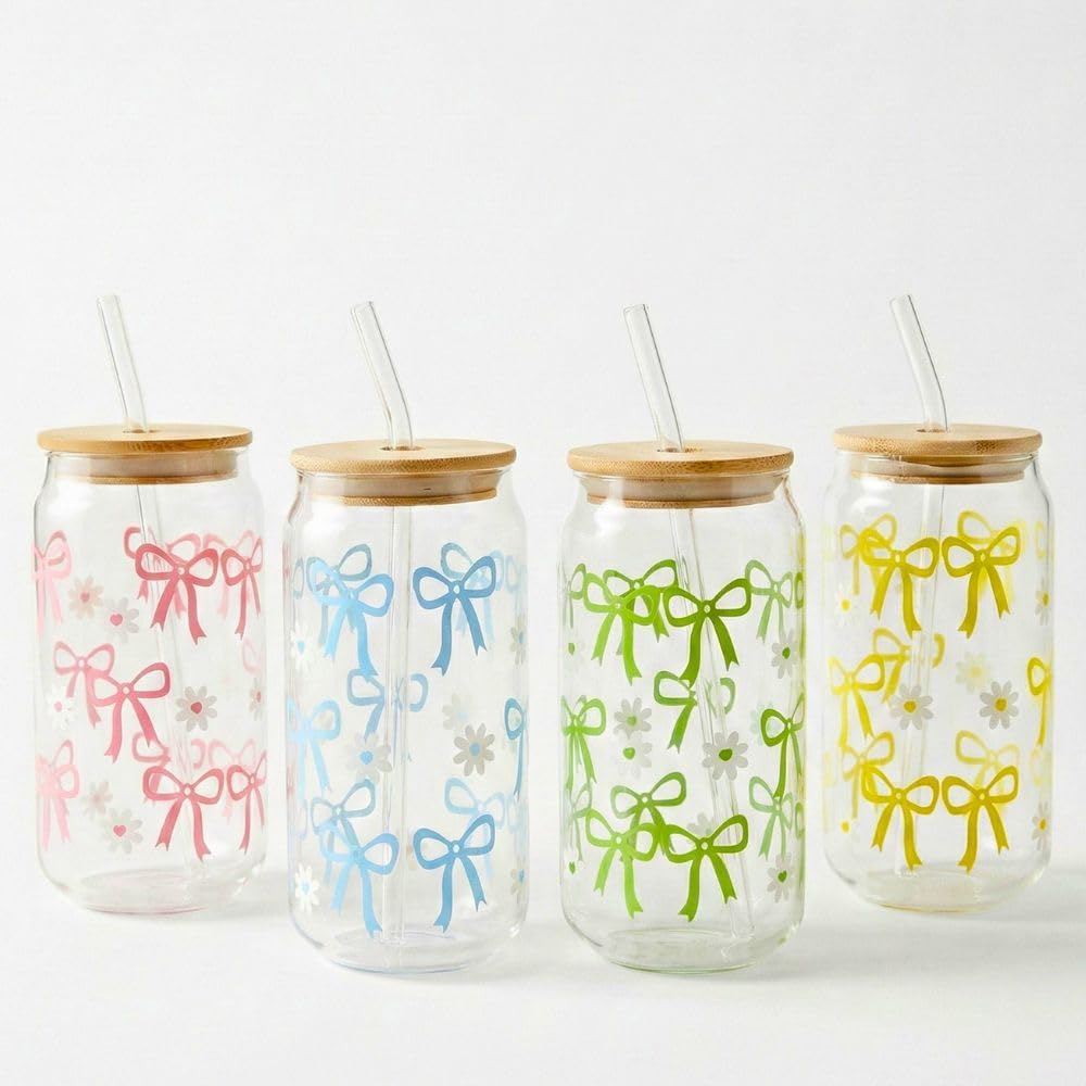 450ML Sipper Glass with Bow Print Set of 4, Mason Jar with Bamboo Lids & Glass Straws