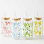 450ML Sipper Glass with Bow Print Set of 4, Mason Jar with Bamboo Lids & Glass Straws