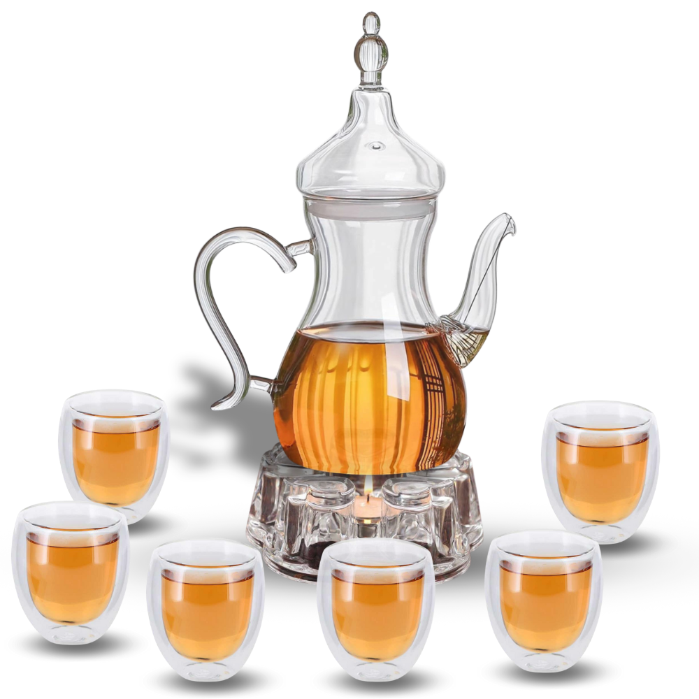 Arabic Tea Set – 1000ml Borosilicate Glass Teapot with Heart-Shaped Warmer & 6Pc 80ml Tea Cups – Heat-Resistant, Elegant Present for Ramadan & Special Occasions