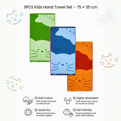 Kids Hand Towel Set 3PCS – 100% Cotton Soft & Absorbent Face Towels, Cute Cat Design Bathroom Towels for Baby, Kids, School & Daily Use
