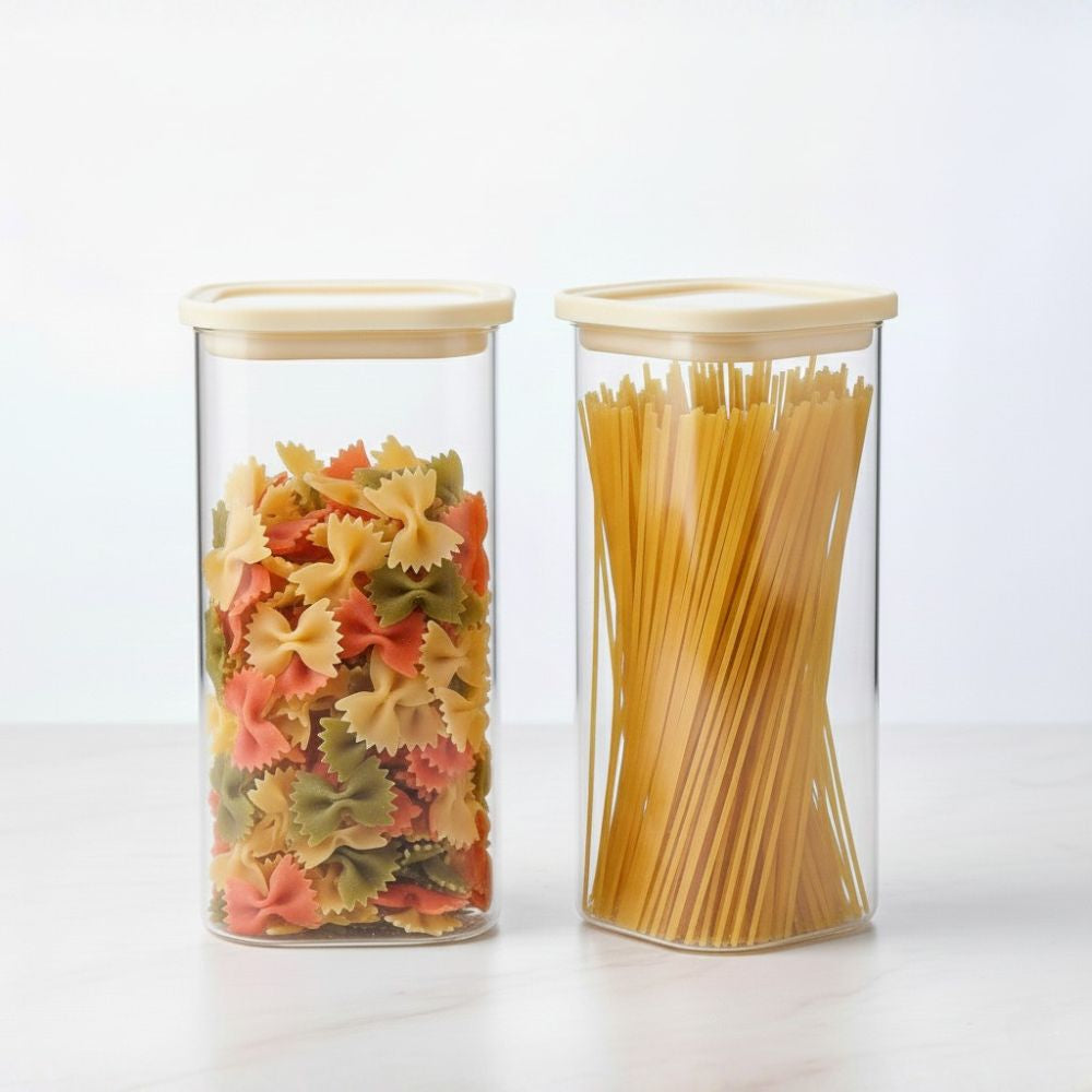 1CHASE Square Glass Storage Jars with Silicone Lids – 1800ML (Set Of 2) | Airtight & Stackable Borosilicate Food Storage Jars with Silicone Lids for Kitchen, Pantry, Snacks, Spices & Dry Food (Large)