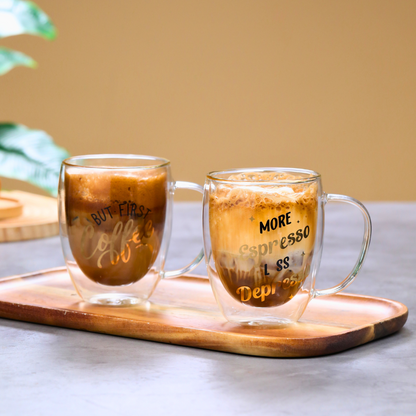 Double Wall Glass Mugs with Handle – "But First Coffee" & "More Espresso Less Depresso" Print – 350ml Heat-Resistant Insulated Cups – Set of 2 for Coffee, Tea, Hot & Cold Beverages