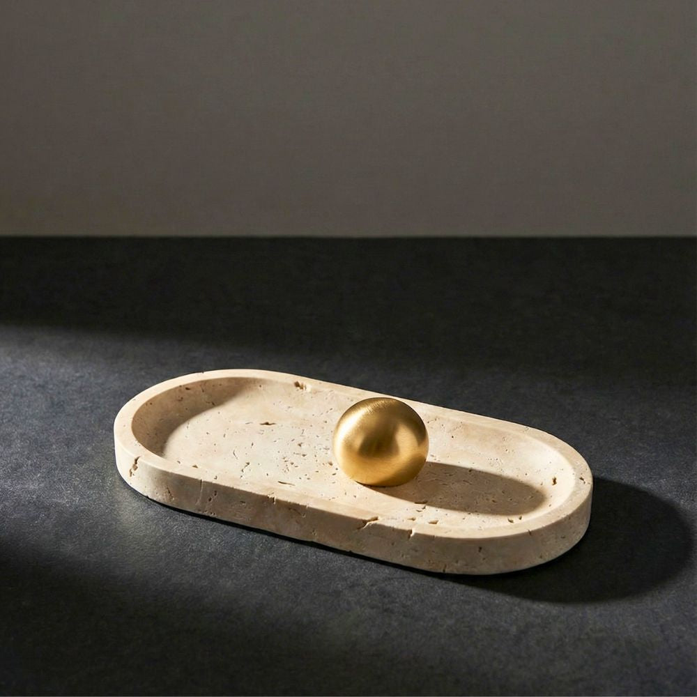 Natural Travertine Oval Marble Tray – Beige Stone Vanity Tray for Jewellery, Perfume & Makeup, Decorative Organizer for Coffee Table, Bathroom Counter & Home Decor
