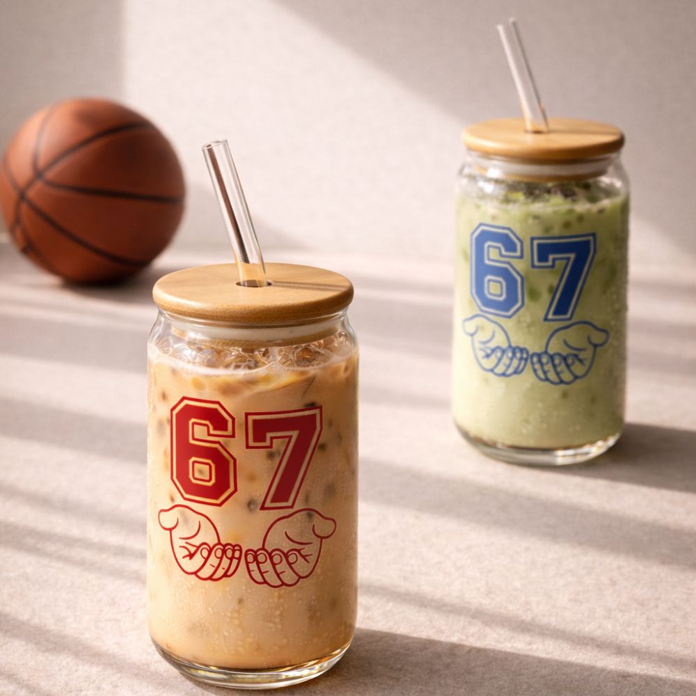 67 Sports Sipper Glass Set of 2 (550ML) – Borosilicate Can Shaped Glasses with Bamboo Lids & Reusable Glass Straws for Iced Coffee, Smoothies, Juice