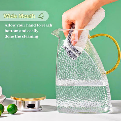 Borosilicate Glass Water Pitcher – 1.8L Large Jug with Gold Handle & Stainless Steel Lid, Hammered Pattern, for Water, Juice, Tea, and Cold Drinks – Fits in Fridge Door