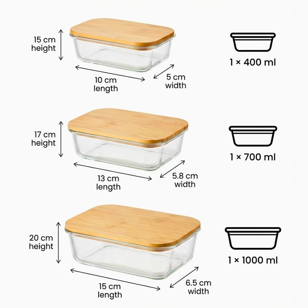 Borosilicate Glass Food Containers with Bamboo Lids – Set of 3