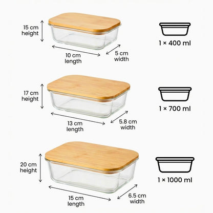 Borosilicate Glass Food Storage Containers with Bamboo Lids, 3 Sizes 400ML 700ML 1000ML, Airtight BPA-Free Meal Prep & Lunch Boxes, Reusable Plastic-Free Containers
