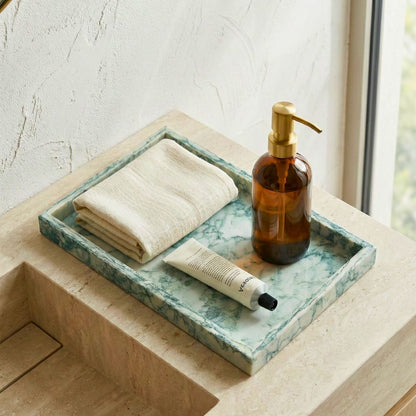 Green Marble Stone Decorative Tray 30x20CM Rectangular Vanity Organizer, Luxury Jewellery & Bathroom Counter Tray, Kitchen & Dining Table Décor