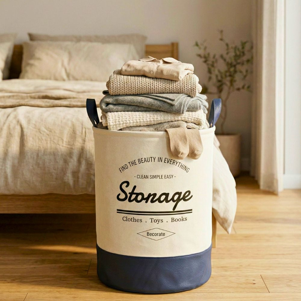 Round Foldable Laundry Basket with Leather Base – 60L