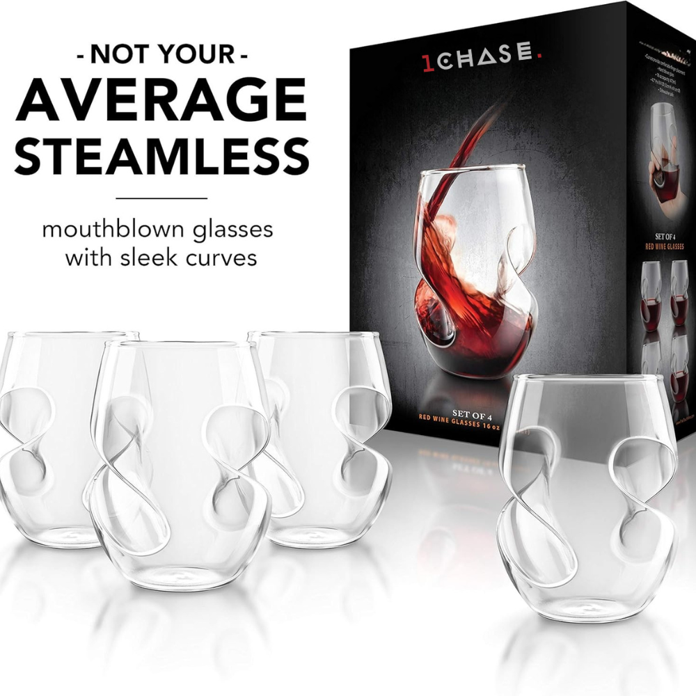 Stemless Handcrafted Aeration Wine Glasses – Set of 4 (16oz/470ml) Borosilicate Glass, Comfortable Grip for Red & White Wine