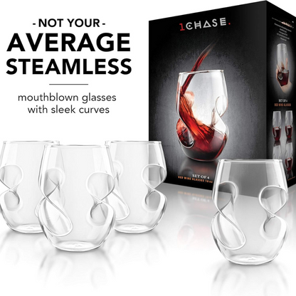 Stemless Handcrafted Aeration Wine Glasses – Set of 4 (16oz/470ml) Borosilicate Glass, Comfortable Grip for Red & White Wine