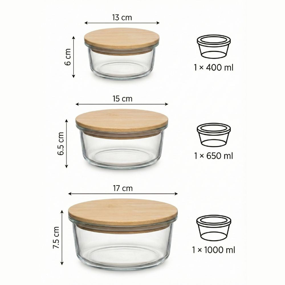 Borosilicate Round Glass Food Storage Containers with Bamboo Lids, 3 Sizes 400ML 650ML 1000ML, Airtight BPA-Free Meal Prep & Lunch Boxes, Reusable Plastic-Free Containers