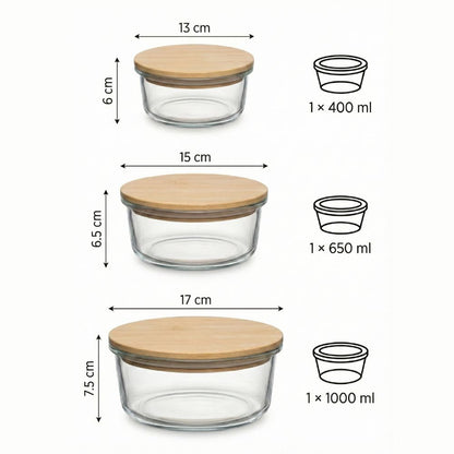 Borosilicate Round Glass Food Storage Containers with Bamboo Lids, 3 Sizes 400ML 650ML 1000ML, Airtight BPA-Free Meal Prep & Lunch Boxes, Reusable Plastic-Free Containers