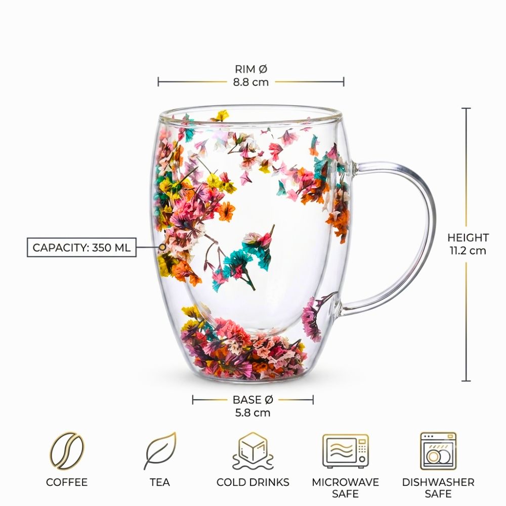 Double Wall Dry Flower Glass Coffee Cups with Handle 350ML – Set of 2