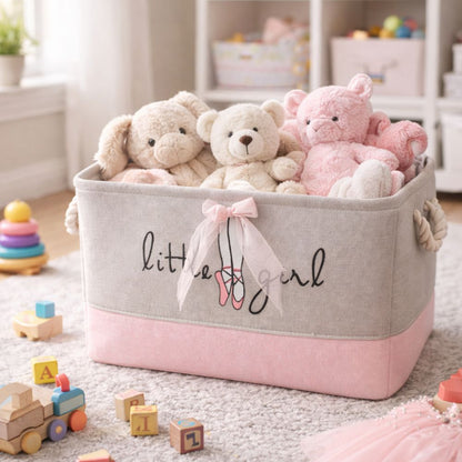 Kids Ballet Bow Rectangular Storage Basket 50L (40x28x24cm) – Foldable Canvas Toy & Laundry Organizer with Rope Handles for Nursery, Bedroom & Playroom