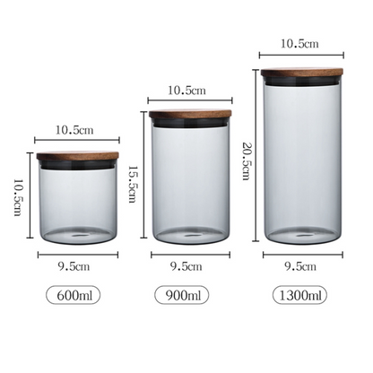 Borosilicate Glass Storage Jar Smoky Grey - (Set of 3) | Airtight Food Container with Acacia Wooden Lid | Durable & Stylish Kitchen Storage 600ML, 900ML, 1300ML