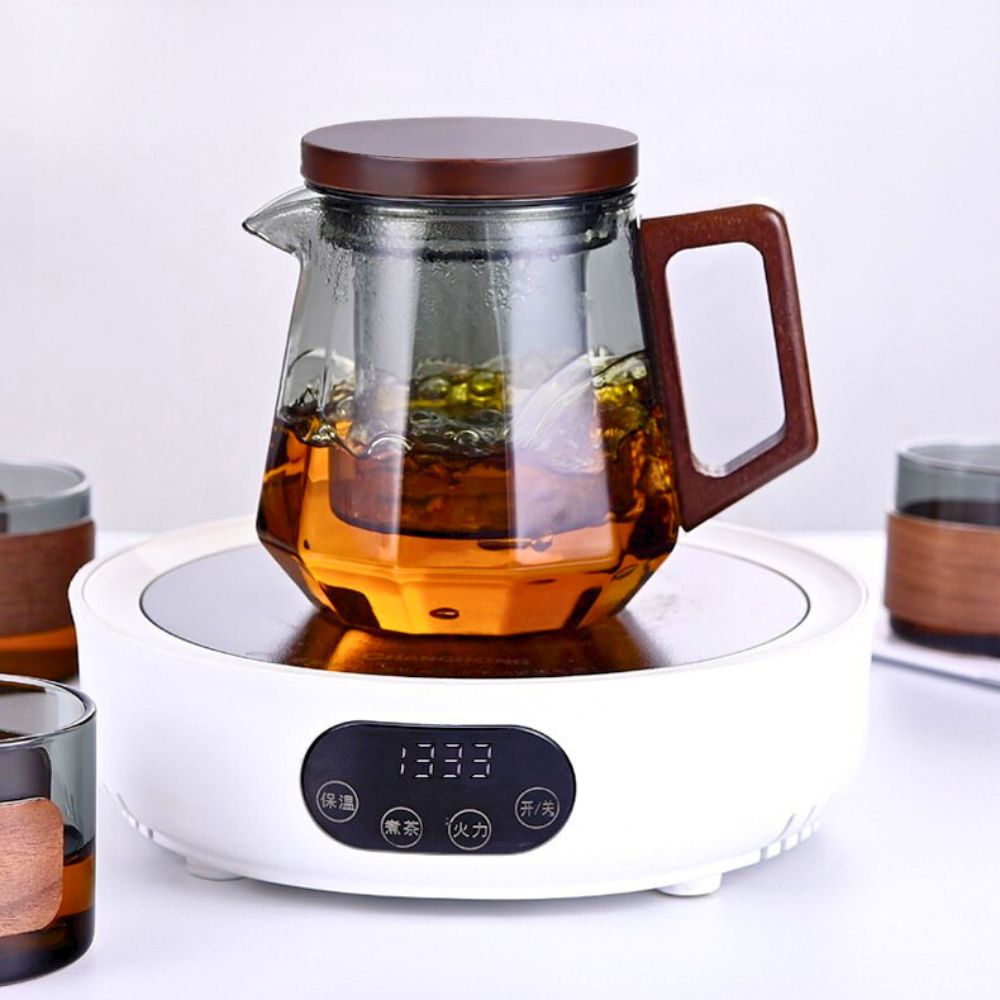 Glass Tea Set – 500ml Smoky Grey Teapot with Walnut Handle & Lid + 4pcs 130ml Cups, Heat-Resistant Tea Pot and Cup Set for Home & Office