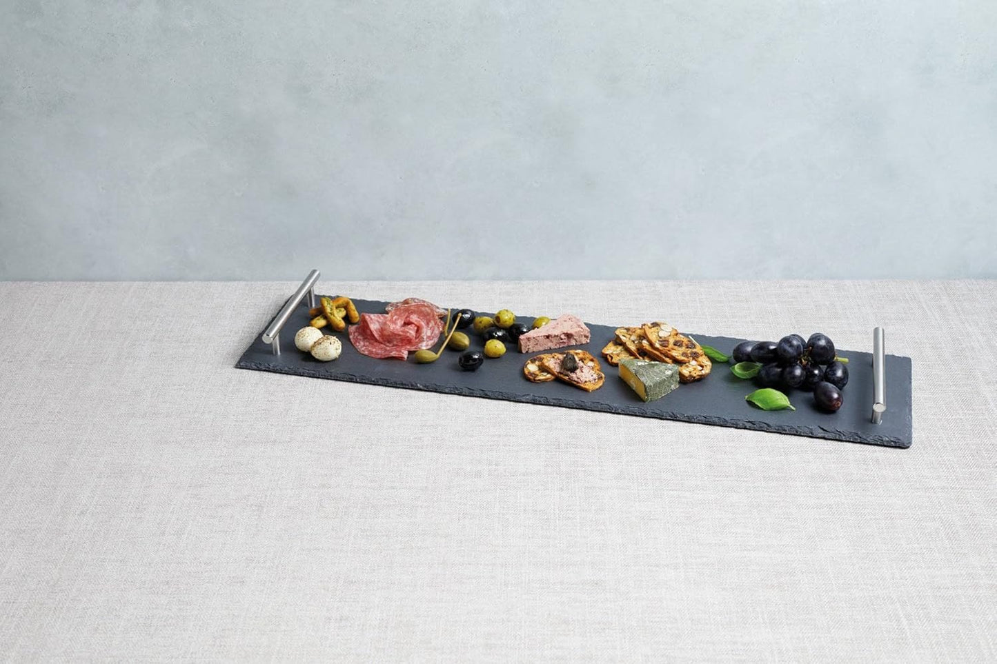 Natural Stone Slate Serving Tray With Silver Metal Handle, Serving Platter,Cheese Board,Charcuterie Boards for Cheese, Meats, Appetizers, Dried Fruits- Display Chalkboard (35X15 CM)