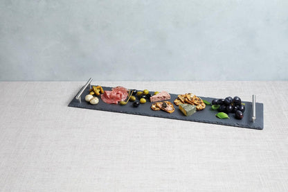 Natural Stone Slate Serving Tray With Silver Metal Handle, Serving Platter,Cheese Board,Charcuterie Boards for Cheese, Meats, Appetizers, Dried Fruits- Display Chalkboard (35X15 CM)