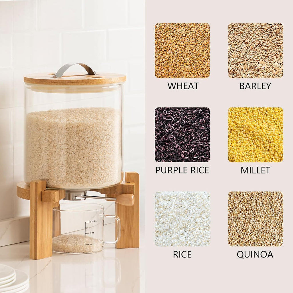 Borosilicate Glass Rice Dispenser with Wooden Stand – 5L