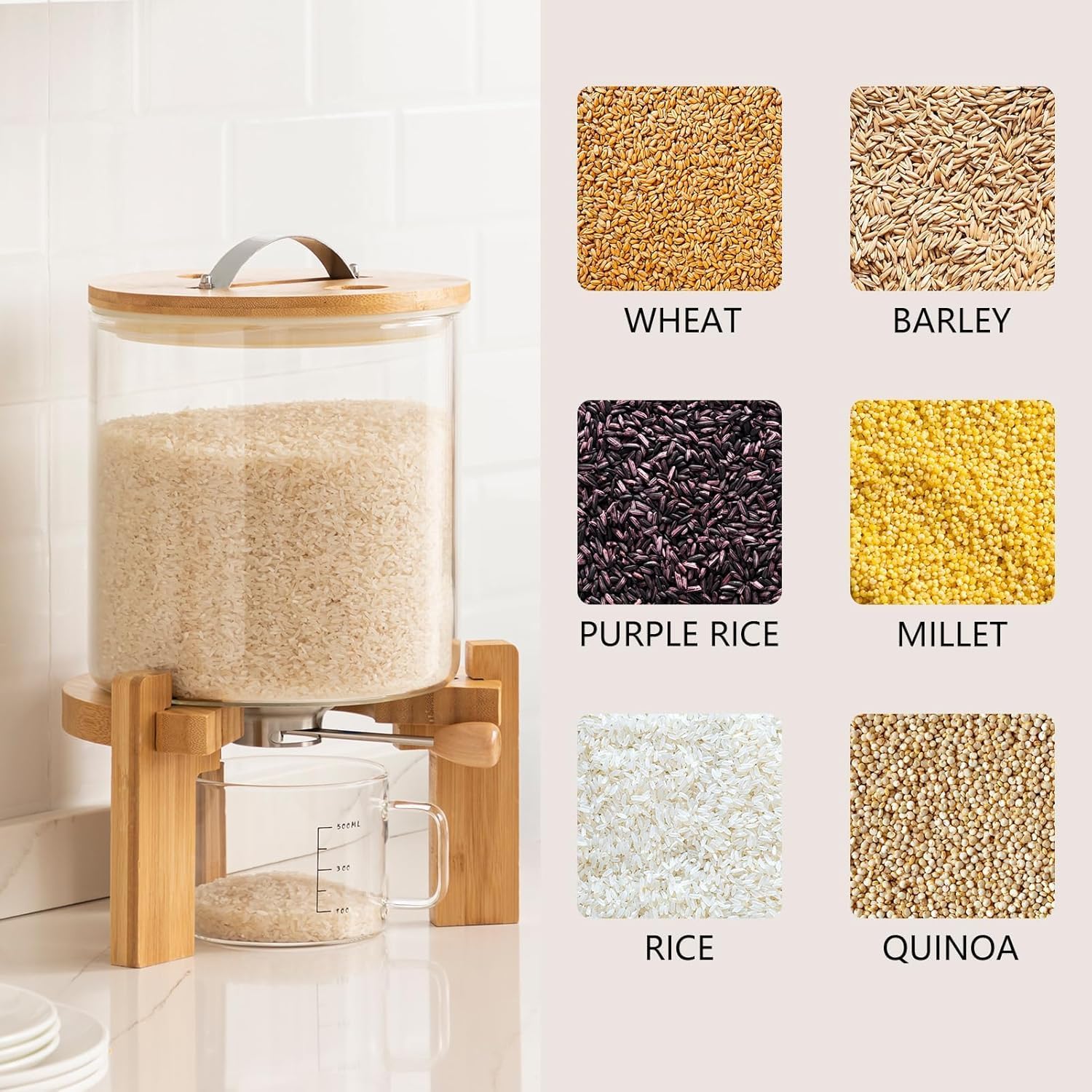 Borosilicate Glass Rice Dispenser with Wooden Stand – 5L