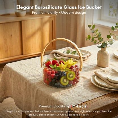 Multipurpose Borosilicate Glass Bowl with Wooden Handle, 2500ML Heat Resistant Fruit & Vegetable Basket, Kitchen Storage Bowl, Dining Table Decor & Ice Bucket