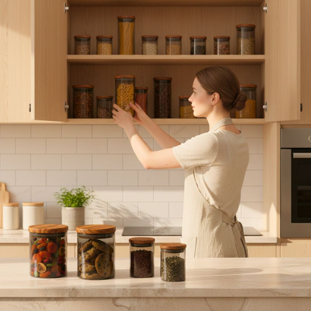 Borosilicate Glass Storage Jar Smoky Grey 600ML - (Set of 2) | Airtight Food Container with Acacia Wooden Lid | Durable & Stylish Kitchen Storage