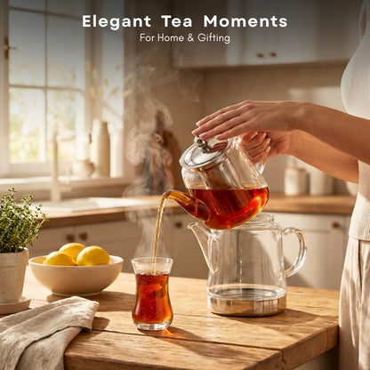 Borosilicate Glass Turkish Tea Maker Set (Çaydanlık), 450ML Teapot & 1500ML Kettle, Heat-Resistant Tea Set for Gas & Electric Stove, Traditional Caydanlik
