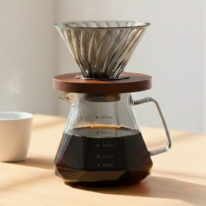 Smoky Grey Pour Over Coffee Maker, 600ML Borosilicate Glass Carafe with Walnut Handle and Glass Lid, Manual Drip for Home, Café, Restaurant and Camping