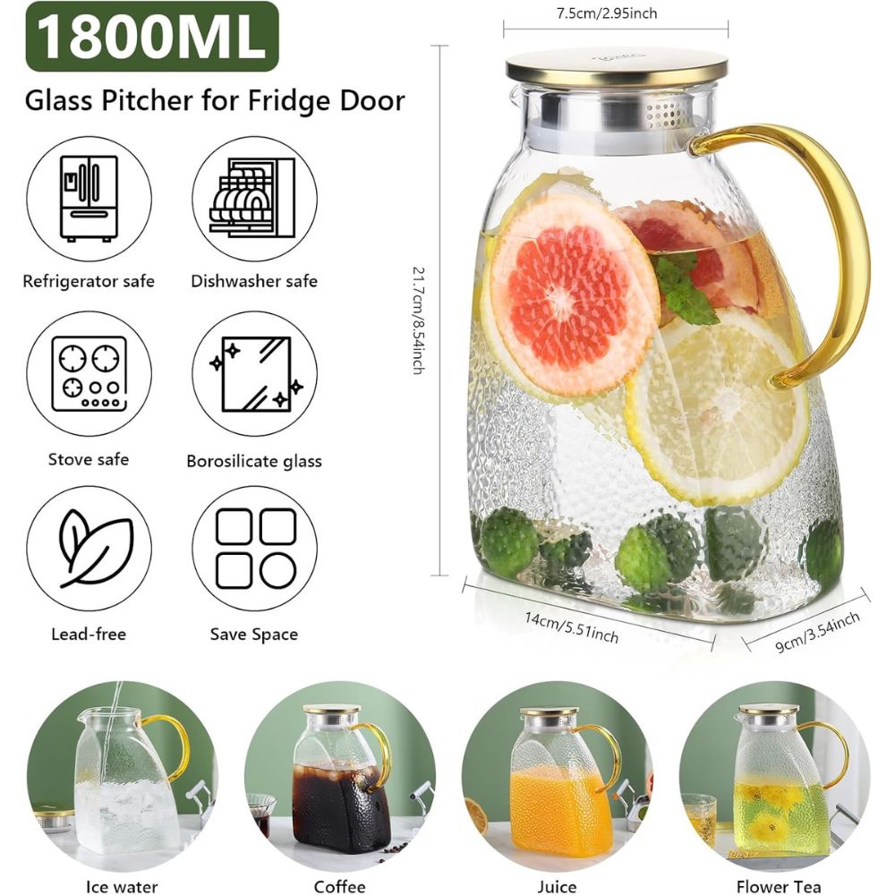 Borosilicate Glass Water Pitcher – 1.8L Large Jug with Gold Handle & Stainless Steel Lid, Hammered Pattern, for Water, Juice, Tea, and Cold Drinks – Fits in Fridge Door