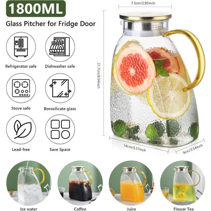 Borosilicate Glass Water Pitcher – 1.8L Large Jug with Gold Handle & Stainless Steel Lid, Hammered Pattern, for Water, Juice, Tea, and Cold Drinks – Fits in Fridge Door