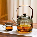 Borosilicate Glass Teapot – Smokey Grey 1000 ML, Heat-Resistant with Acica Wooden Handle & Strainer – Compatible with Electric Stoves
