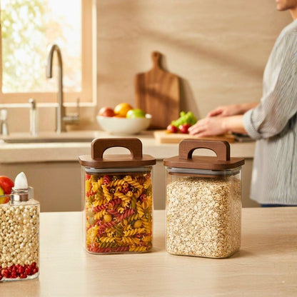 Square Glass Storage Jars with Acacia Wood Lids – Set of 2 (900ml) Large Pantry Containers with Handle Lids for Pasta, Oats, Flour, Cookies, Coffee, Rice & More