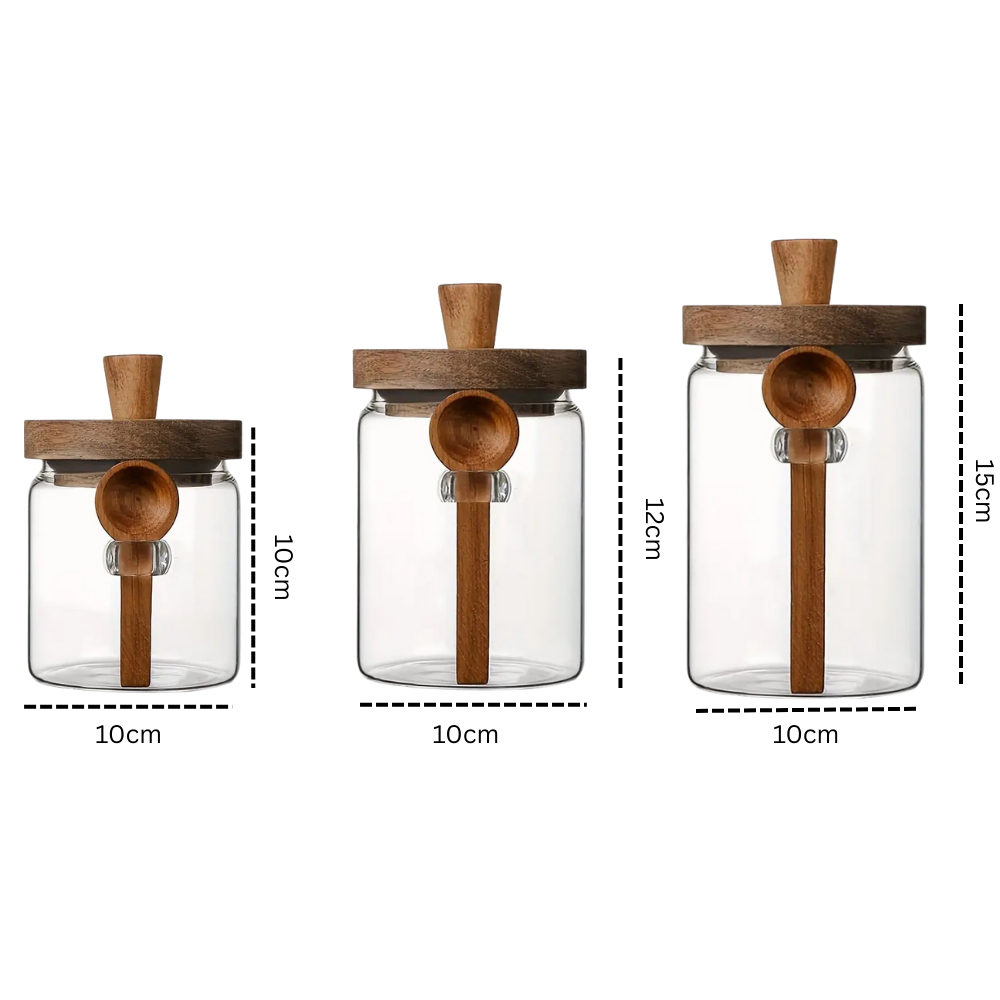 Glass Storage Jar with Acacia Wooden Lid & Spoon – Airtight Food Container for Coffee, Tea, Sugar, Spices & Dry Foods – 400ml / 600ml / 800ml Kitchen Canister