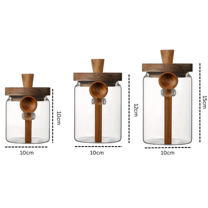 Glass Storage Jar with Acacia Wooden Lid & Spoon – Airtight Food Container for Coffee, Tea, Sugar, Spices & Dry Foods – 400ml / 600ml / 800ml Kitchen Canister